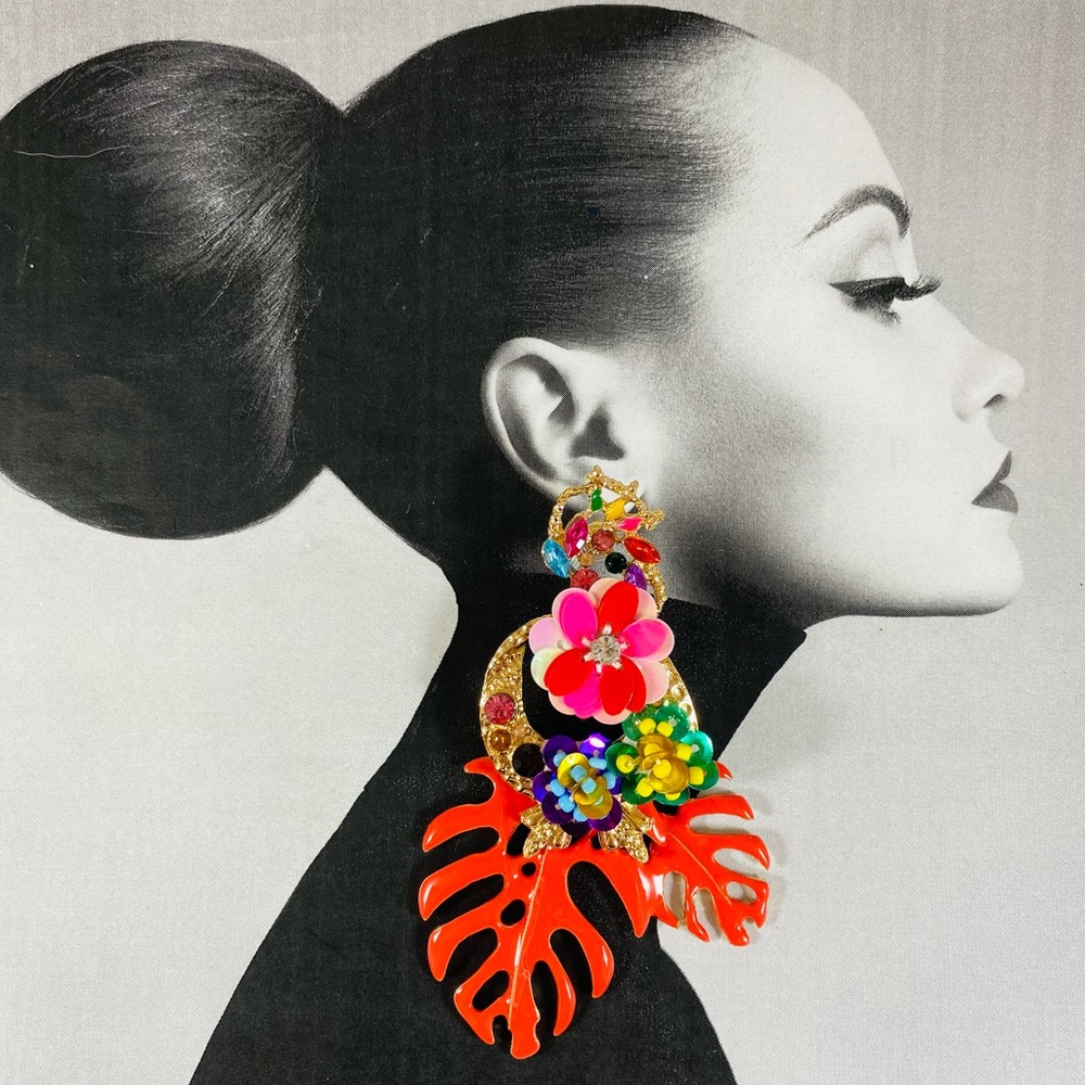 Tropical temptation earrings enamel Monstera leaves and florals Tiki Luau
